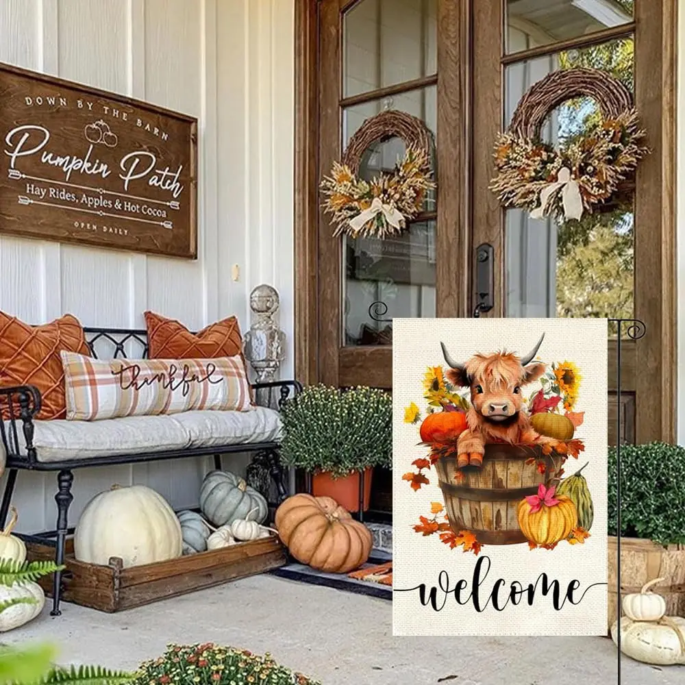 RABUSOFA Fall Garden Flag 12x18 Inch Double Sided for Outside, Highland Cow Decor Thanksgiving Harvest Barrel Pumpkin Sunflower