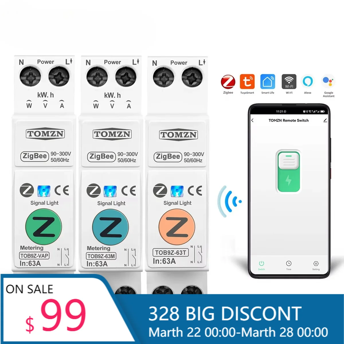 TOMZN 63A Tuya Smartlife Zigbee WiFi Smart MCB Energy Meter kWh Timer Circuit Breaker Protection Relay