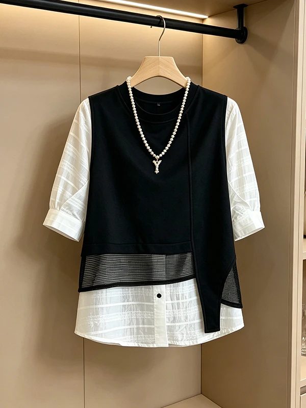 

Женская летняя рубашка больших размеров с коротким рукавом в стиле пэчворк, свободного кроя, с эффектом стройности, в корейском стиле, для повседневной носки, дышащая, приятная к телу.