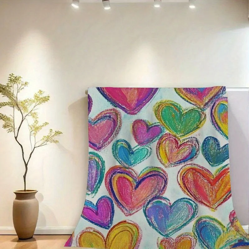 Colorful Heart Print Flannel Blanket - Soft, Warm & Reversible Ideal for Couch,Bed,Car,Office,Camping | Perfect All-Season Gift