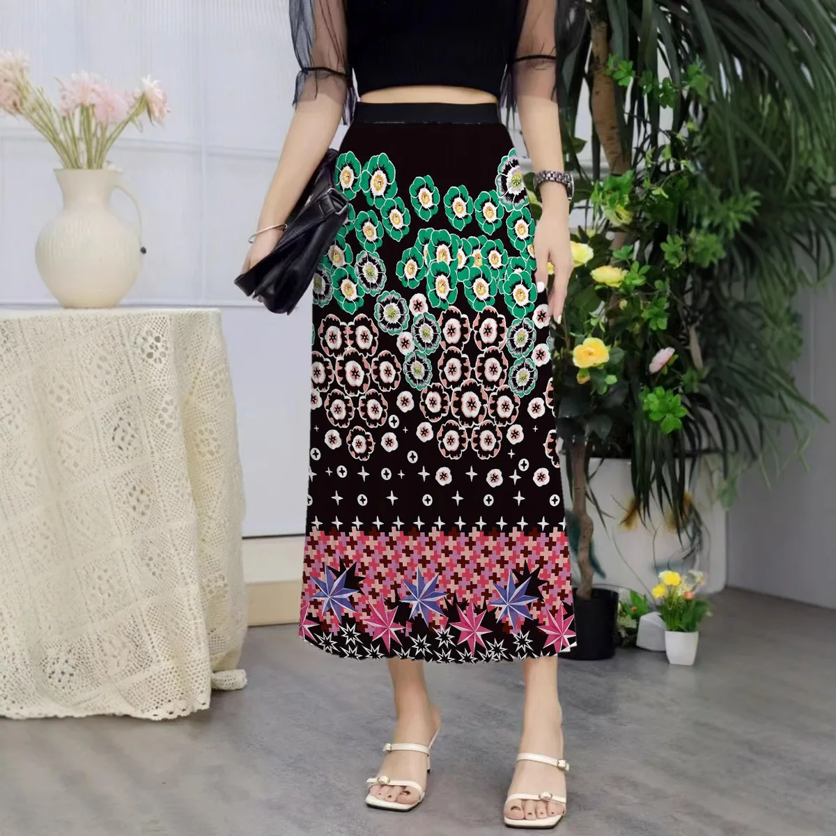 

Трансграничная юбка средней длины с принтом, юбка трапециевидной формы с эластичной резинкой на талии, модные женские юбки, полиэфирная ткань