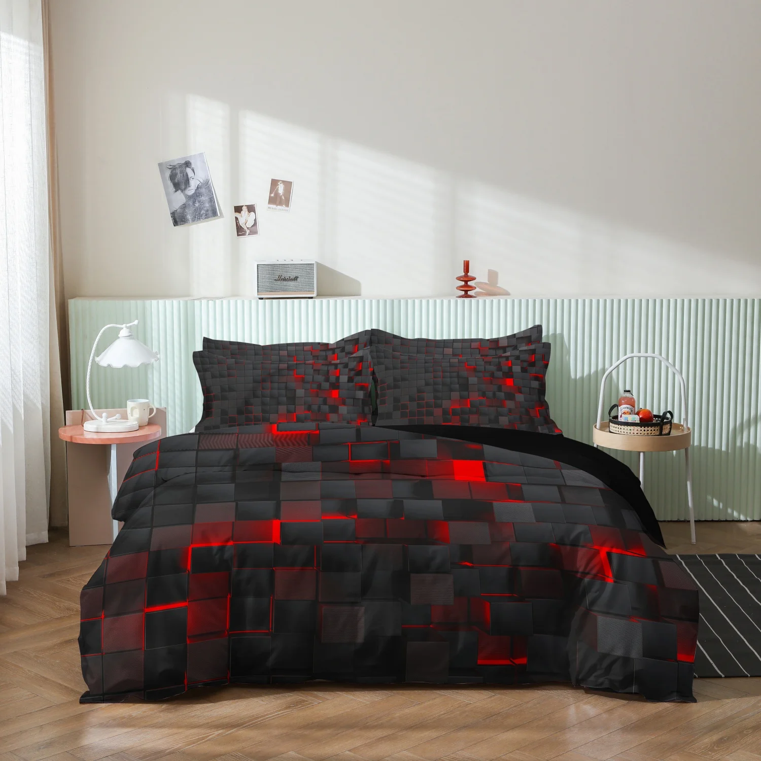3Pcs Black Red Grid Plaid Duvet Cover Set, Modern Dark Geometric Square Block Texture Print Bedding, Multiple Sizes Available