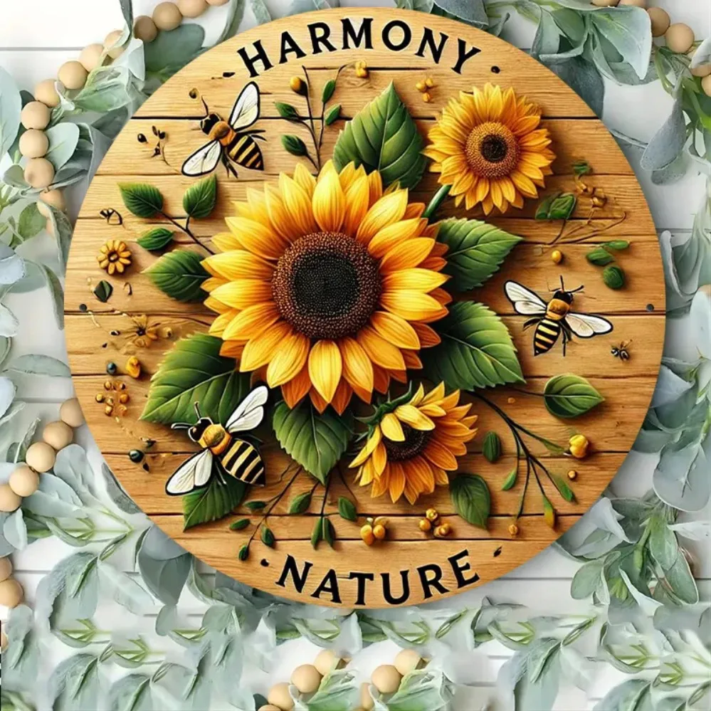 Sinal de metal rústico de girassol e abelha – Arte de parede de ferro "Harmony Nature", decoração vintage para cafés, jardins e casas