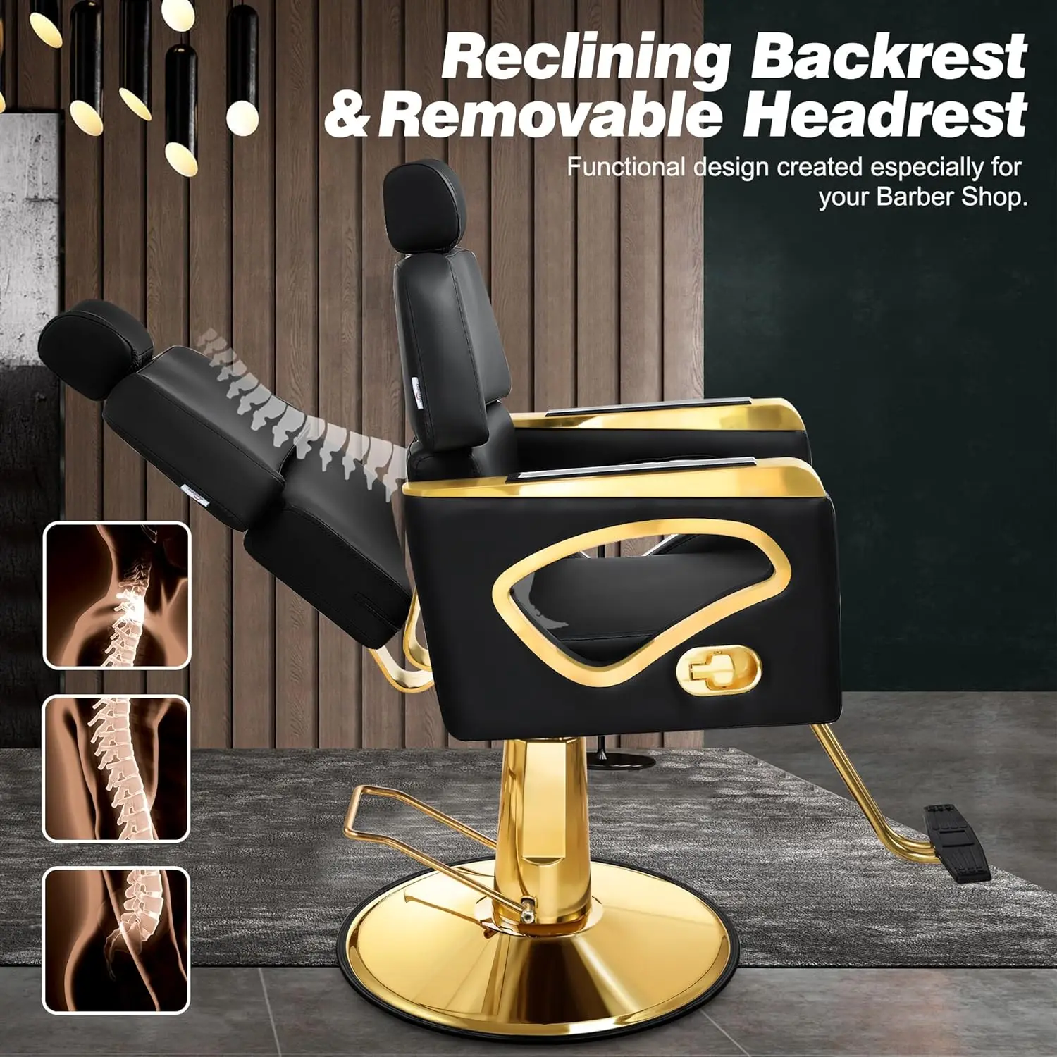 Reclining Salon Chair with Adjustable Backrest & Lumbar Support, Heavy Duty Black Gold Barber Chair with Durable Steel Fr