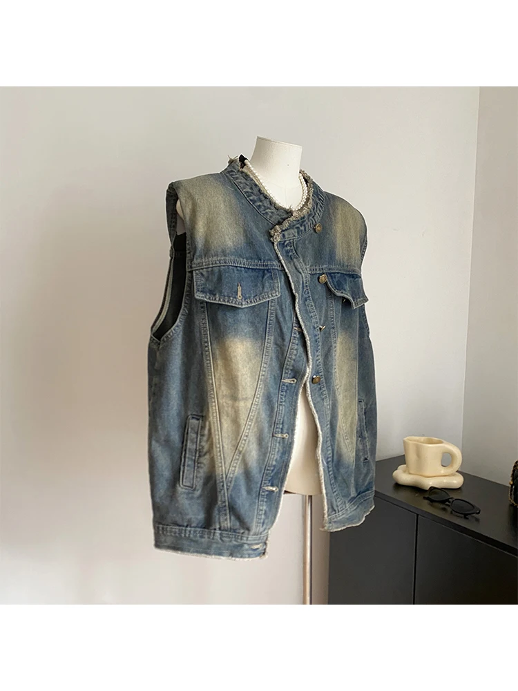 Veste en fibre denim pour femme, gilet de style coréen, manteau en denim, streetwear à la mode, vêtements vintage Harajuku, haut d'extérieur, 2024