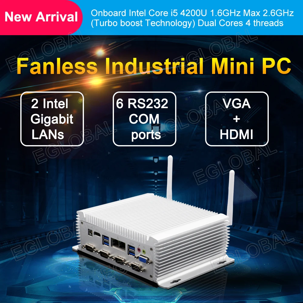 

EGLOBAL Fanless Industrial Mini PC Intel Core i7 4500U i5 4200U 2 RJ45 LAN 6 COM Desktop Computer Windows 10 HDMI VGA 8USB Liunx