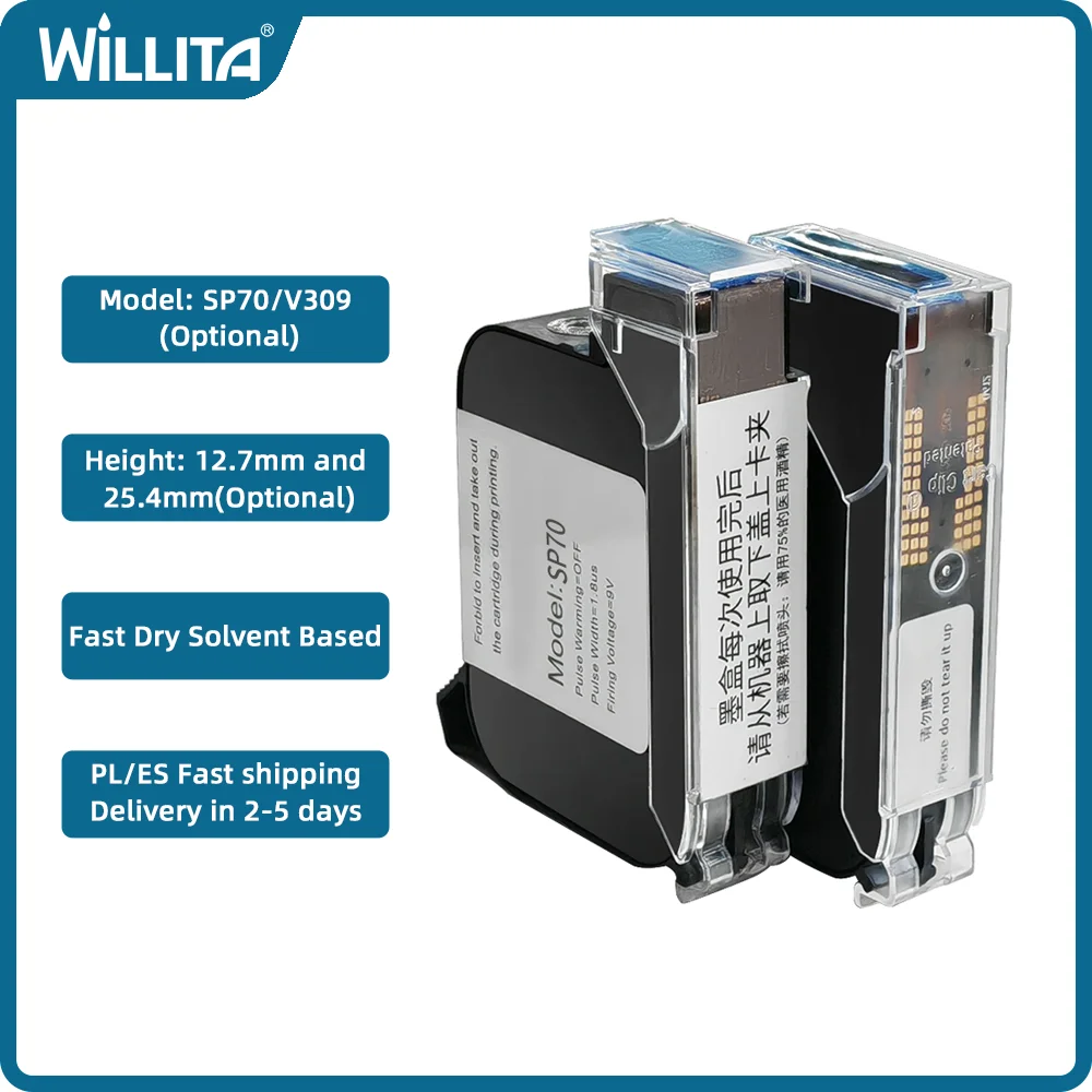 Image of WILLITA SP70/V309 12,7mm Tintenpatronen 42ML für Handheld-Tintenstrahldrucker Schnelltrocknend Öko-Lösungsmittelbasiert HD 600 DPI Nicht Verschlüsselt