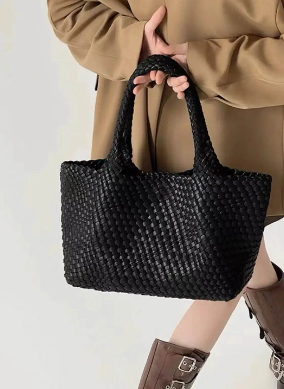 Large-Capacity Designer Knitting Fashion PU Leather Women's Shoulder Bag Handbags for Beach Travel Single-Shoulder Ladies Bag