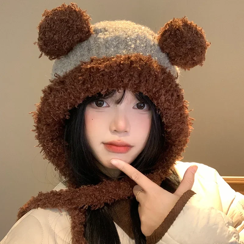 Korean Cute Color Matching Bear Ears Knitted Plush Pullover Hat Women's Winter Thermal Ear Protection Lace-up Flight Bomber Hats