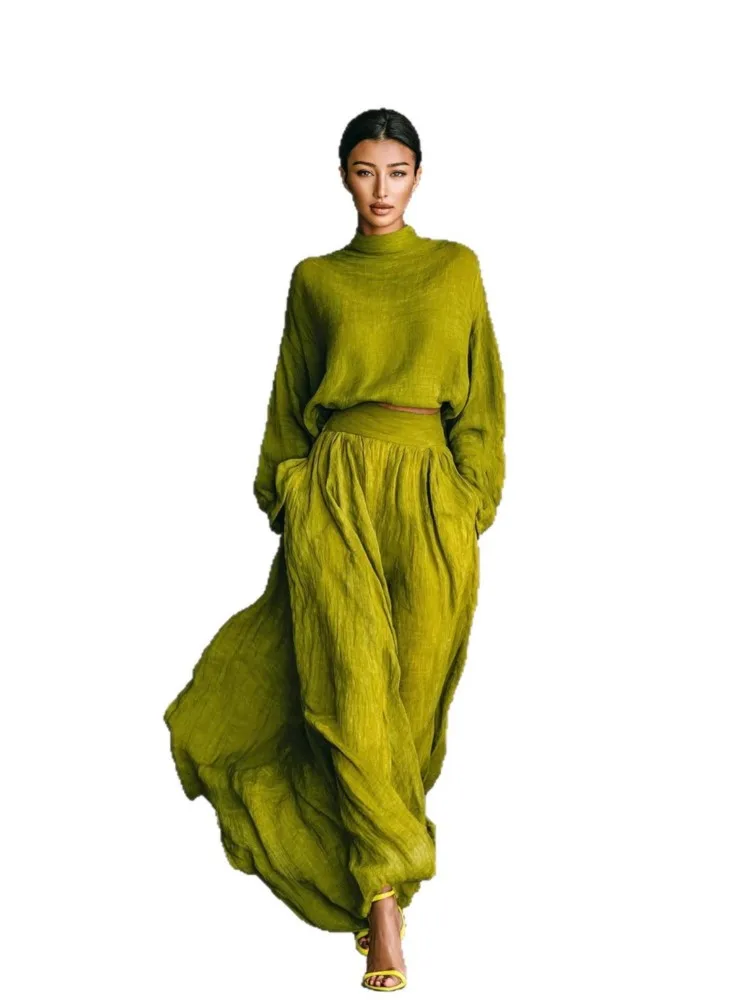 New Retro Solid Woman Elegant O Neck Long Sleeve Top Pullovers And Pleated Skirts Suits Spring Autumn Loose Part Two Piece Set - Image 3