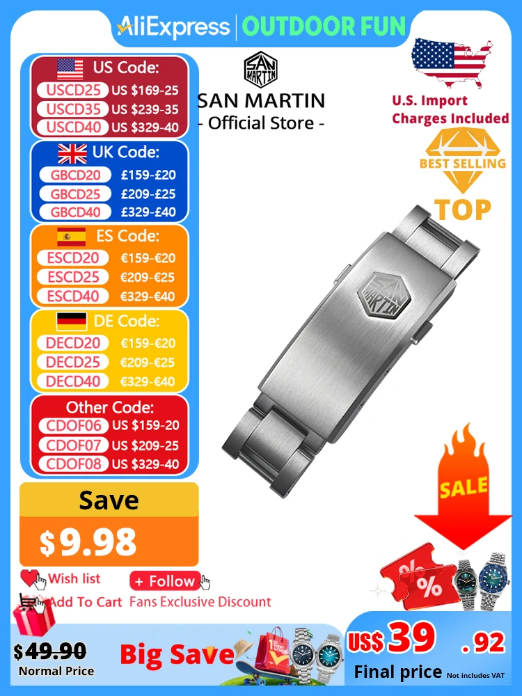 

San Martin New Fly Adjustable Clasp Watch Parts Bracelet Clasp For 16mm Specified Model Buckle Folding Clasp Non-universal