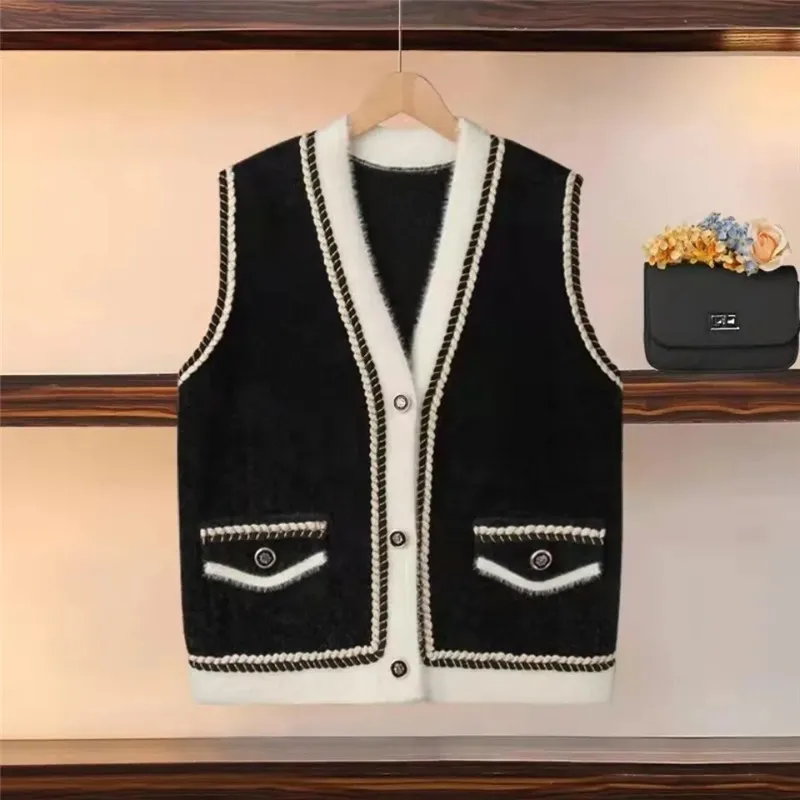 

Knitted Sweater Waistcoat Women V-neck Short Cardigan Single-breasted Sleeveless Gilet Femme Patchwork Casual Vest Jacket