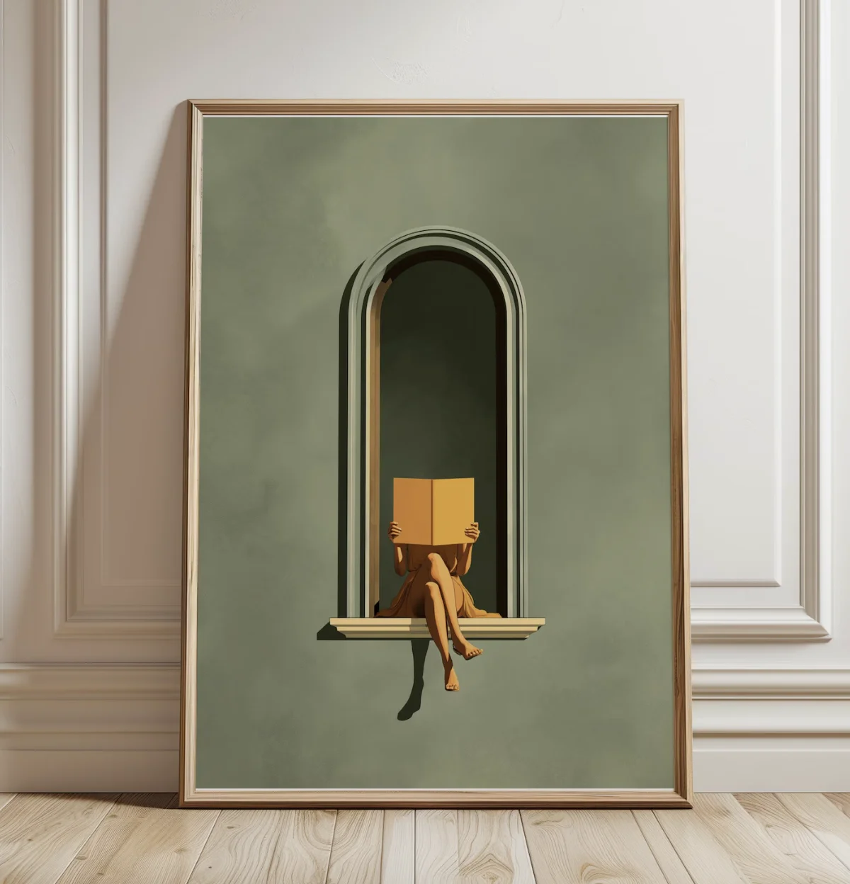Minimal Arch Window Reader Canvas Prints, Sage Green Reading Poster, Neutral Wall Art for Living Room Bedroom Study Home Decor