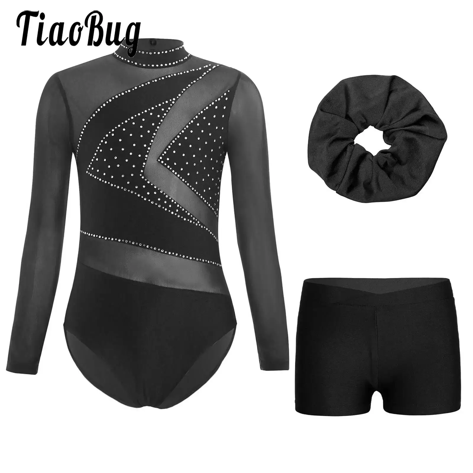 

Girls Gymnastics Performance Costume Figure Skating Shorts Outfit Mesh Long Sleeve Rhinestones Leotard and Shorts Hairband Set