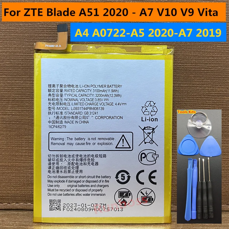 New Original 3200mAh Li3931T44P8h806139 Battery for ZTE Blade A51 2020 / V9 V10 Vita V9Vita A7 Vita / A4 A0722 / A5 2020 Phone