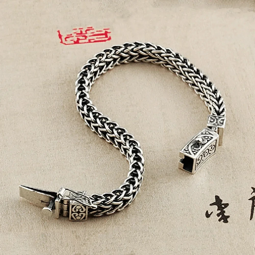 S925 Sterling Silver Charm Bracelets 2023 Popular Retro Totem Double Row Woven-Chain Pure Argentum Amulet Jewelry for Men Bangle