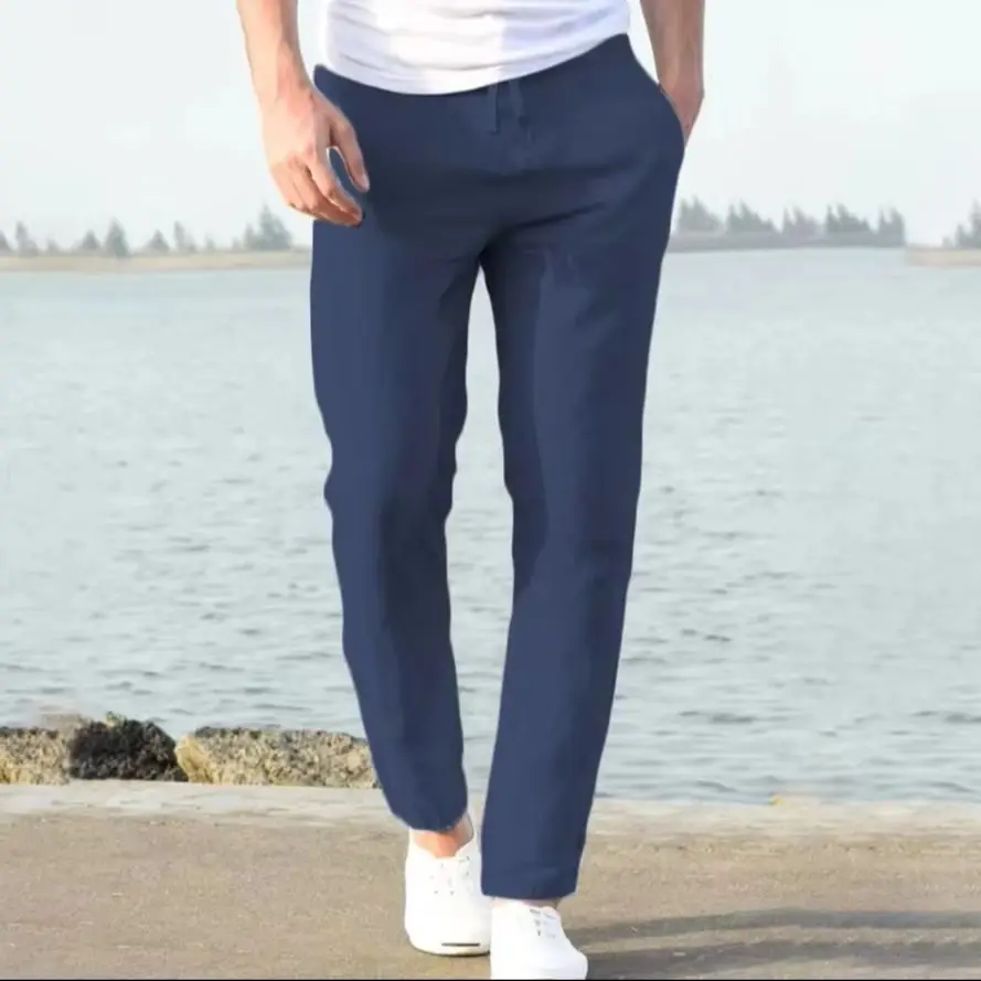 

Sports pants new spring/summer fashion brand men's hip-hop breathable cotton linen solid color simple drawstring wide leg pants
