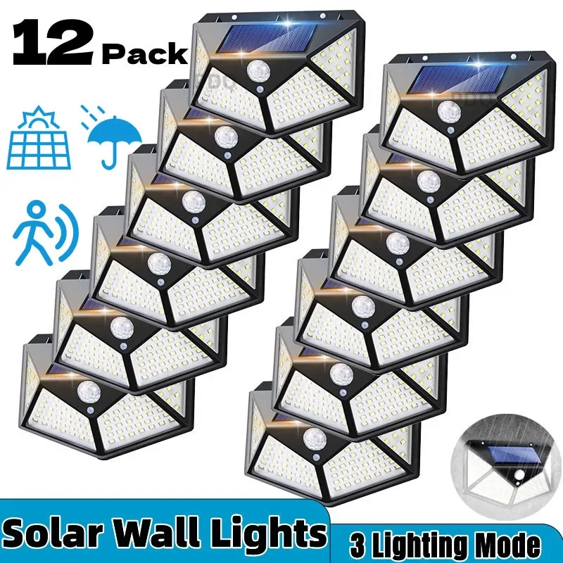 

1-12 Pack Solar Lights Outdoor 100 LED Wall Lamp Motion Sensor Lights Waterproof Solar Street Light for Garden Porch Yard Garage
