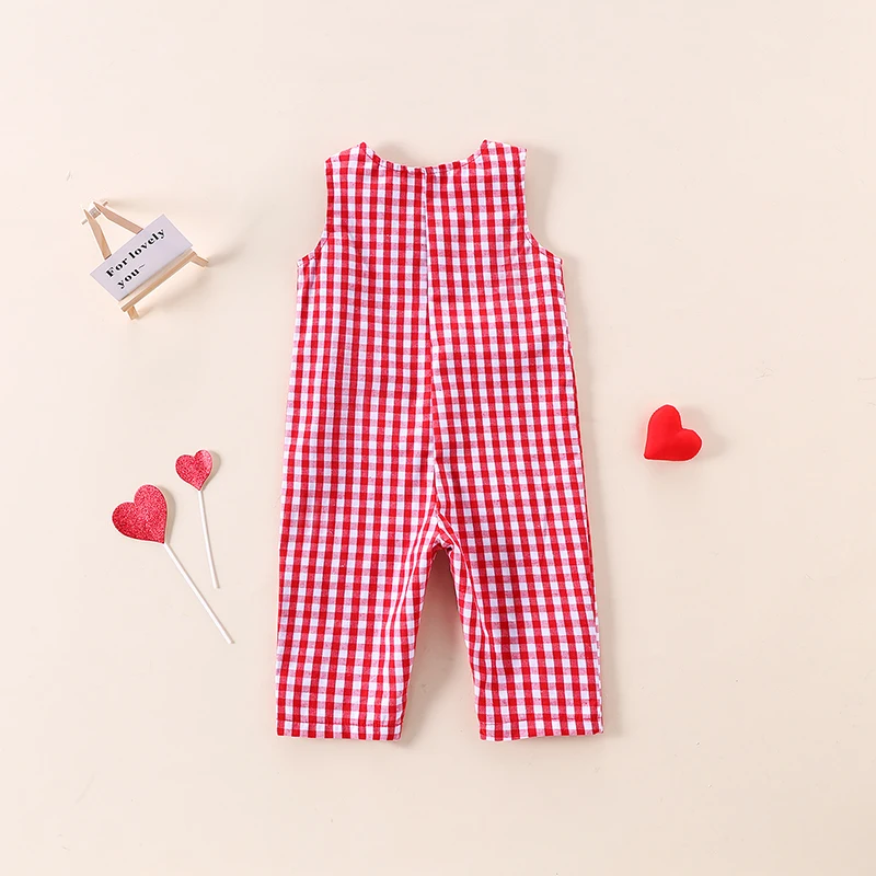 Toddler Girls Heart Embroidery Jumpsuits Sleeveless Ovrealls Plaid Print Casual Romper Baby Clothes Spring Summer