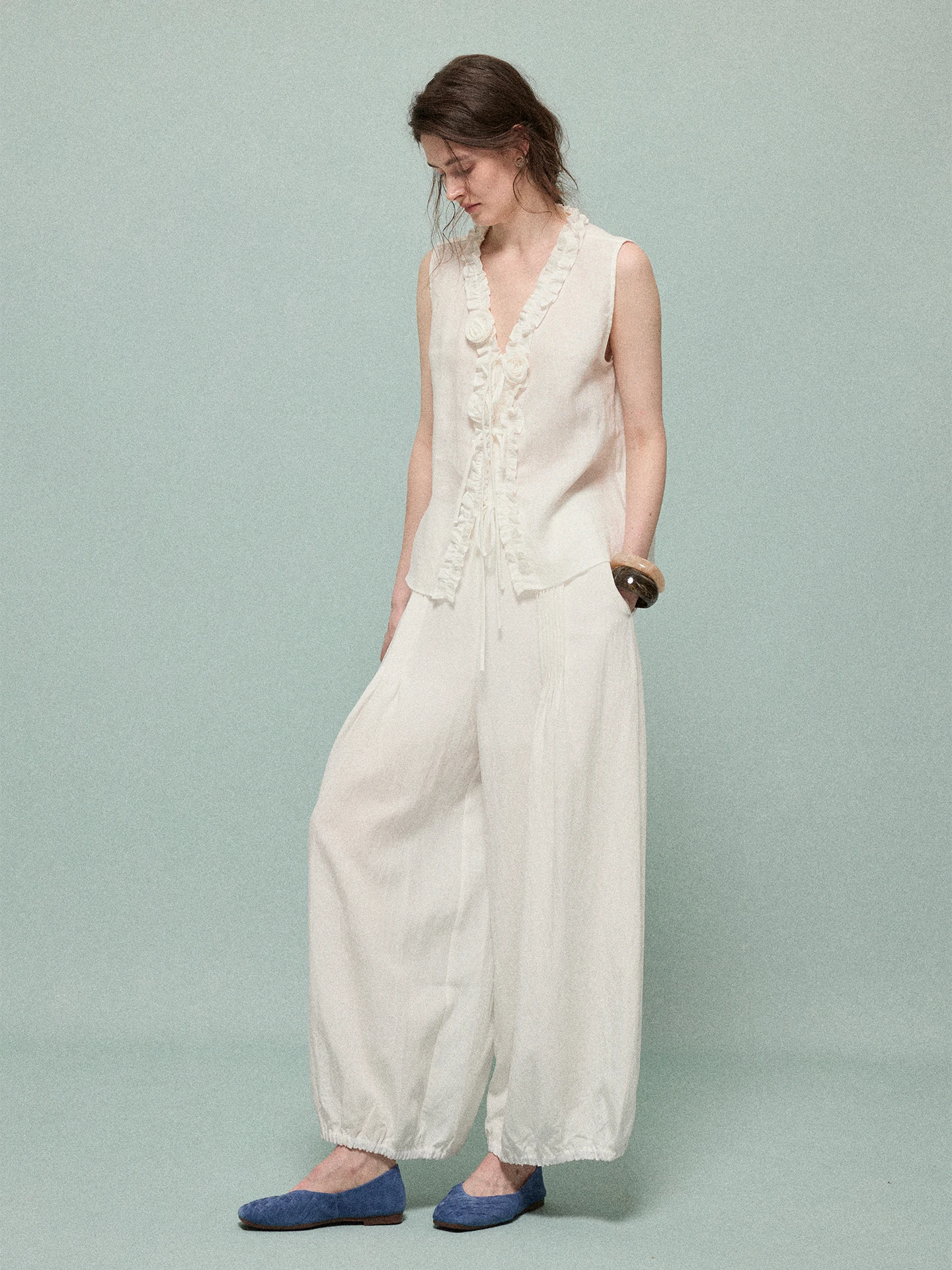 Moofeel  Linen White Lantern Pants Summer Thin Design Pressed Pleat Nine-Tenths Commute Casual Pants Ladies High Waist
