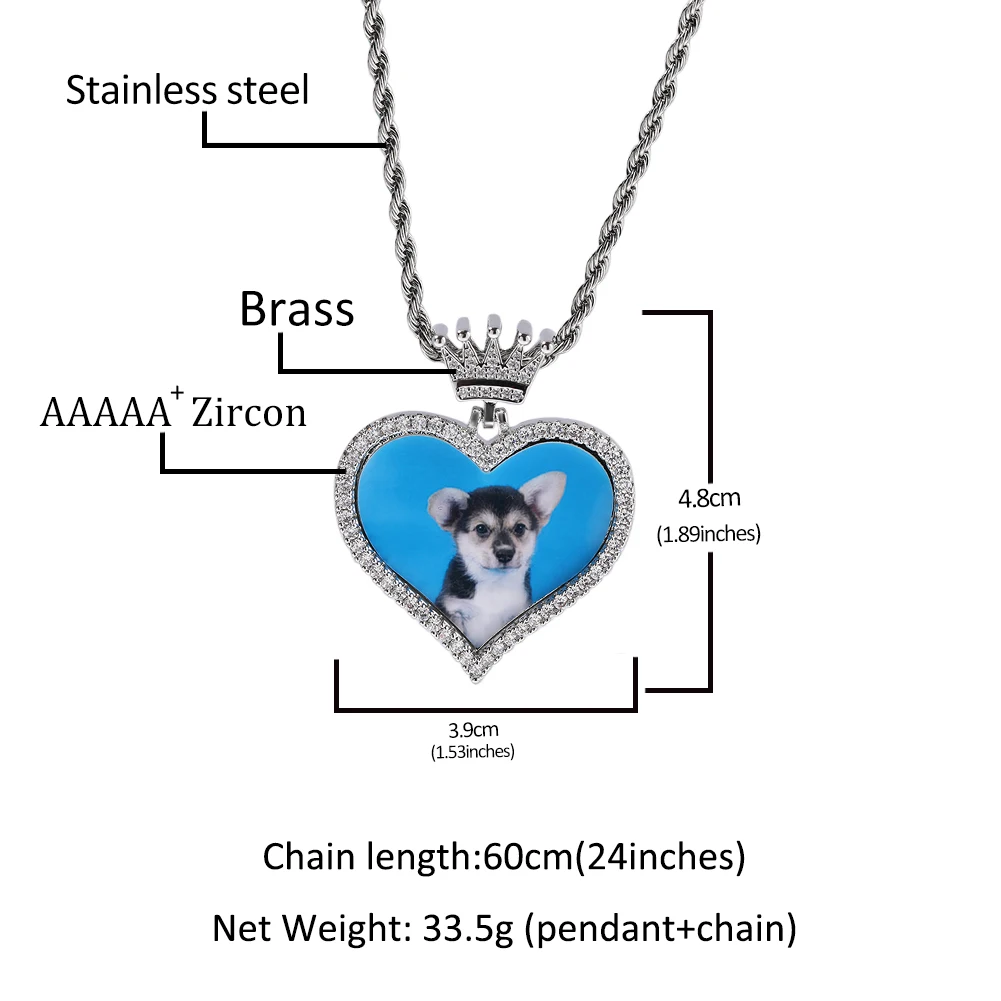 Uwin Heart Photo Pendants Necklace with Crown Bail Iced Out Cubic Zirconia Memorable Medallion Charms Best Gifts Hip Hop Jewelry