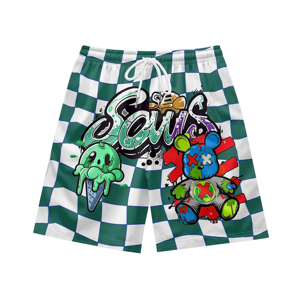 Fresh grid graffiti pattern, suitable for daily wear, casual trend, summer men's drawstring beach sports shorts