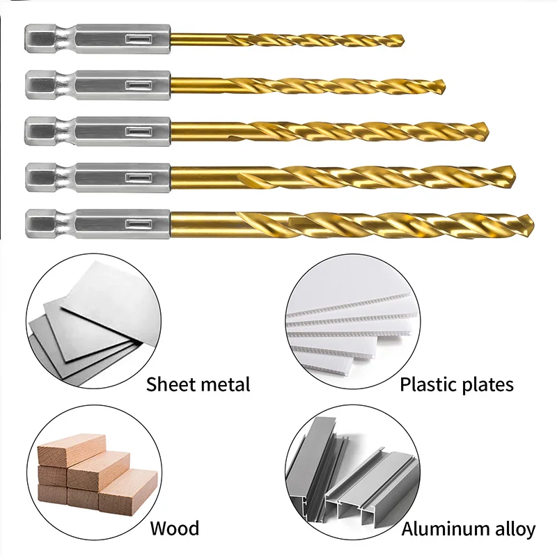 Drill Bit Set 1/4 Hex Shank Handle HSS High Speed Steel Titanium Coated Hexagon Wood Soft Metal Plastic PVC Hole Cut Power Tool