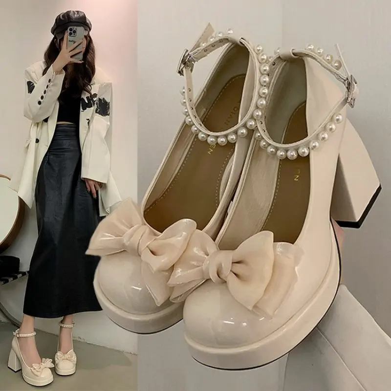 Autumn Fairy Sweet Medium Heels Shoes Women Korean Style Bow Elegant Mary Janes Shoes Ladies Beaded Solid Casual Sandals 2024