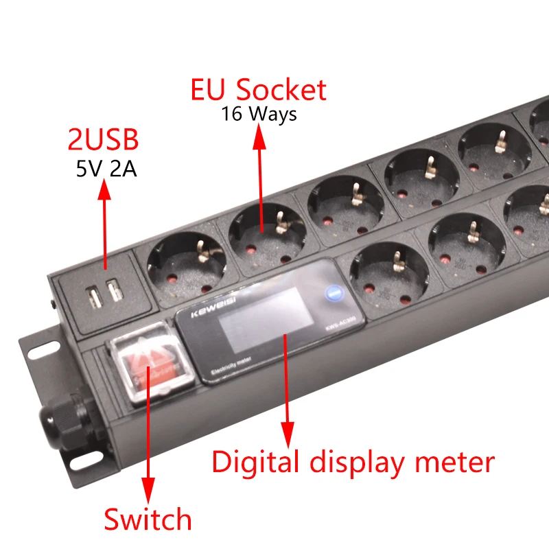 2U PDU Power Strip 19inch Rack Mount Digital Ampermeter Voltmeter Ammeter 16 Way German socket 2USB Switch 2meter Cord