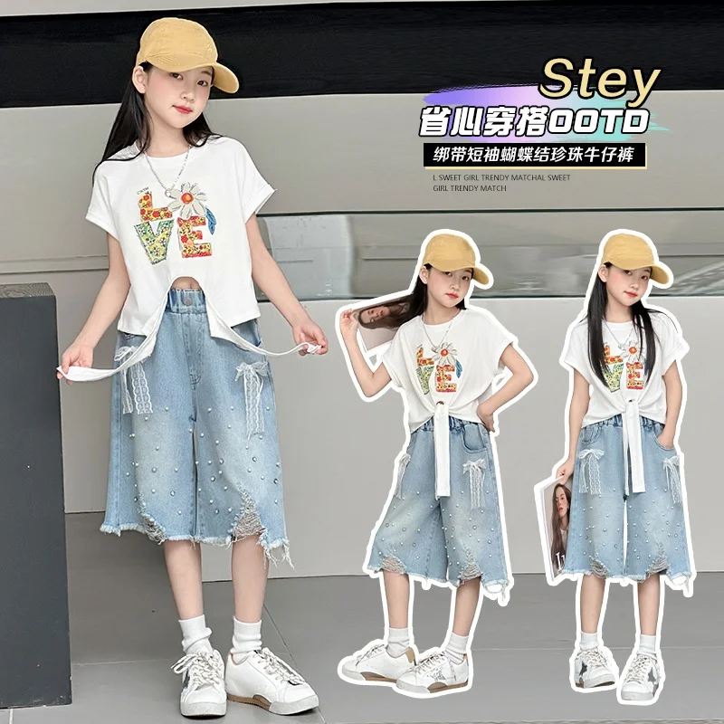 Teen Girls Butterfly Knot Pearl Shorts Jeans Korean Loose Cowboy Wide Leg Pants Summer Collection Junior Kid Trousers 4-14 Year