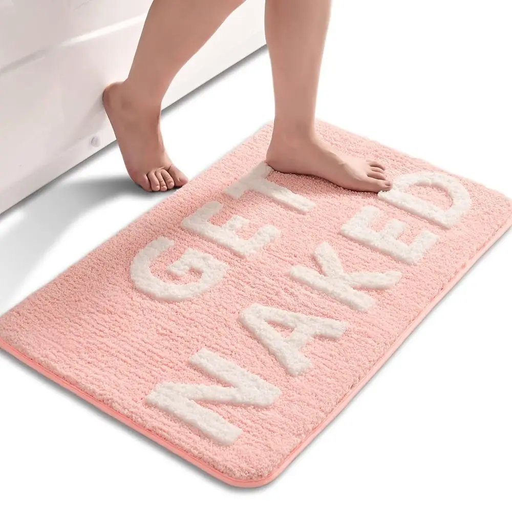 Get Naked Bath Mat Cute Pink and White Bathroom Rugs Funny Non Slip Bathtub Decor Mats Super Absorbent Floor