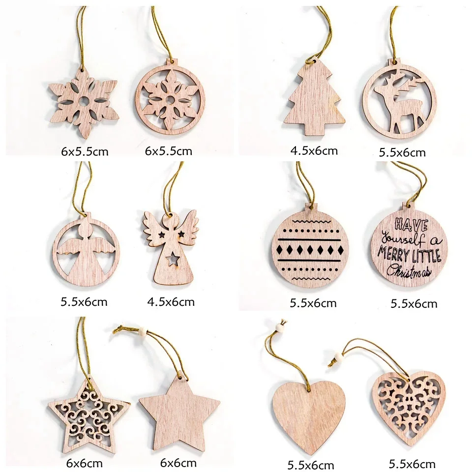 12PCS Christmas Wooden Pendants No Box Hallow Star/Angel/Tree Ornaments Home Xmas Tree Hanging Decoration Kids Gift Supplies