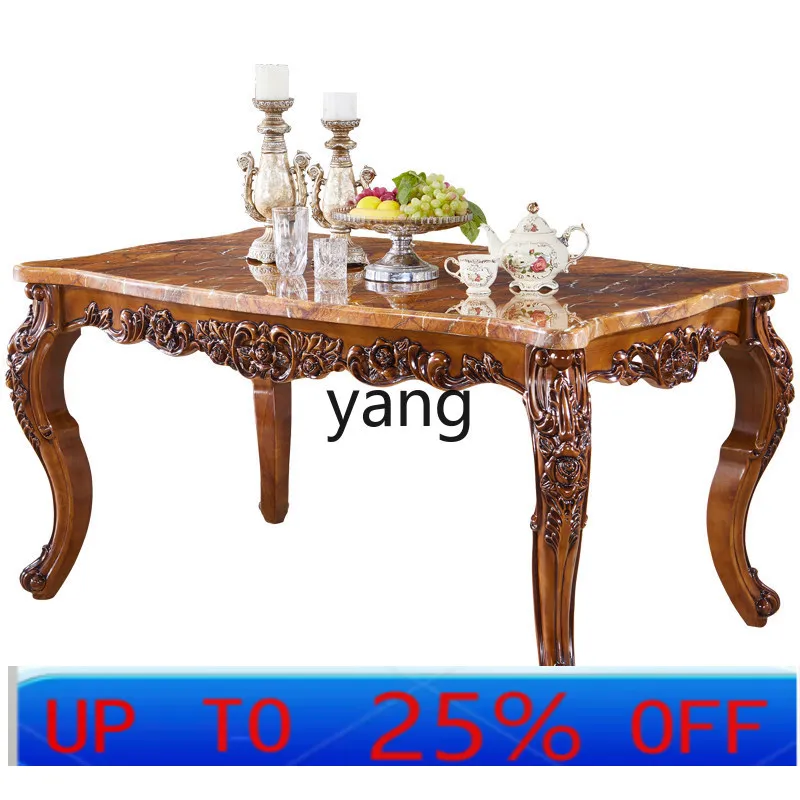 LMM all solid wood square table marble solid wood countertop dining table rectangular carved dining table