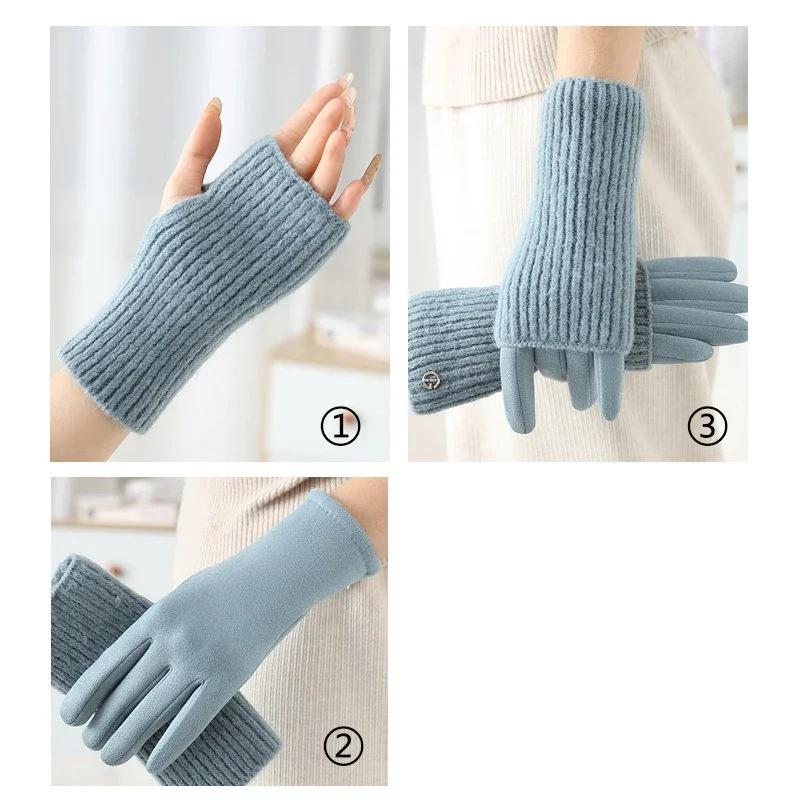 3 Ways To Wear Removable Winter Women Gloves Keep Warm Touch Screen Knitted Suede Solid Soft Add Velvet Not Bloated Prevent Cold