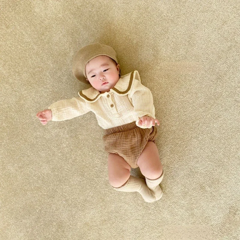 

Newborn Kids Long Sleeve Sailor Collar Pulover Tops PP Pant Bloomers 2PCS Outfit Cotton Clothes Baby Boy Girl Short Set 0-3Years