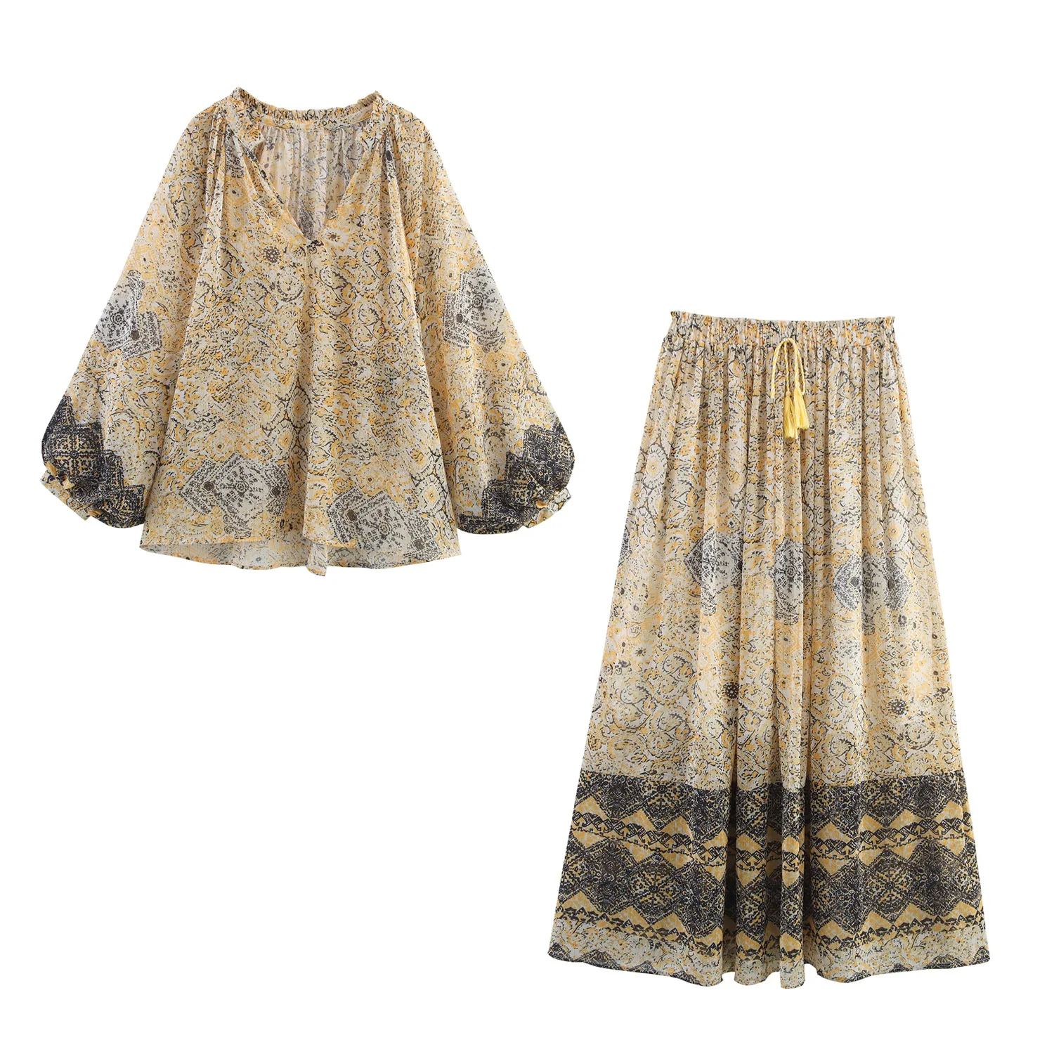 Women's Metallic Thread Printed Shirt Printed Skirt Print Long Sleeve Blouse And Maxi Skirt Two Piece Set With Drawstring P6N1