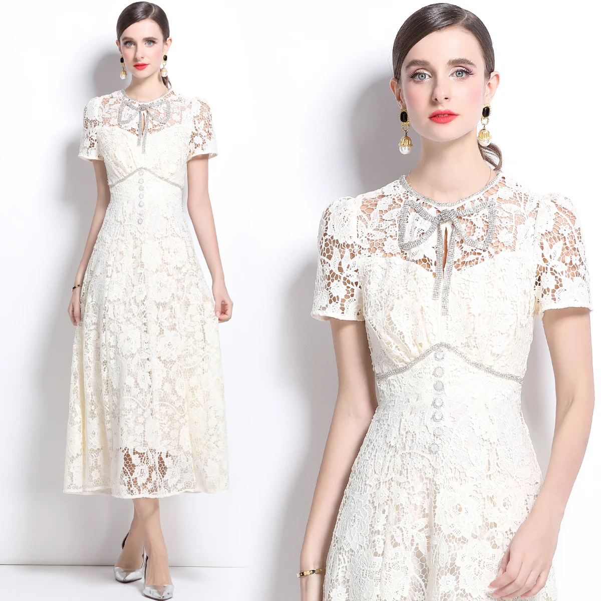 Runway French Vintage Spring Lace Hollow Out Party Long Dress Elegant Women Diamonds Bow O Neck High Waist Short Sleeve Robe