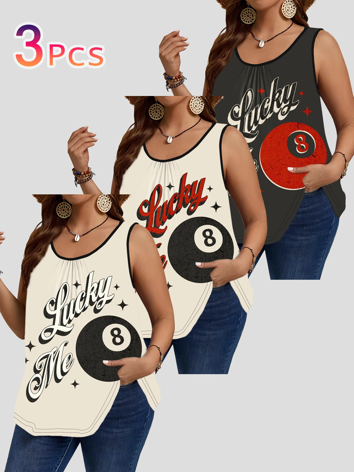 3-Piece Set of Plus-Size Women's Vintage Lucky Number 8 Billiard Letter Print Tank Tops, Round Neck Loose Sleeveless Tops