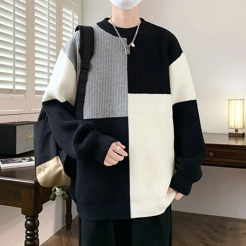 

M-XXXXL Plus Size New Men's Patchwork Round Neck Sweater Loose Fit Casual Pullover Streetwear Knitwear Versatile Basic Top 4XL