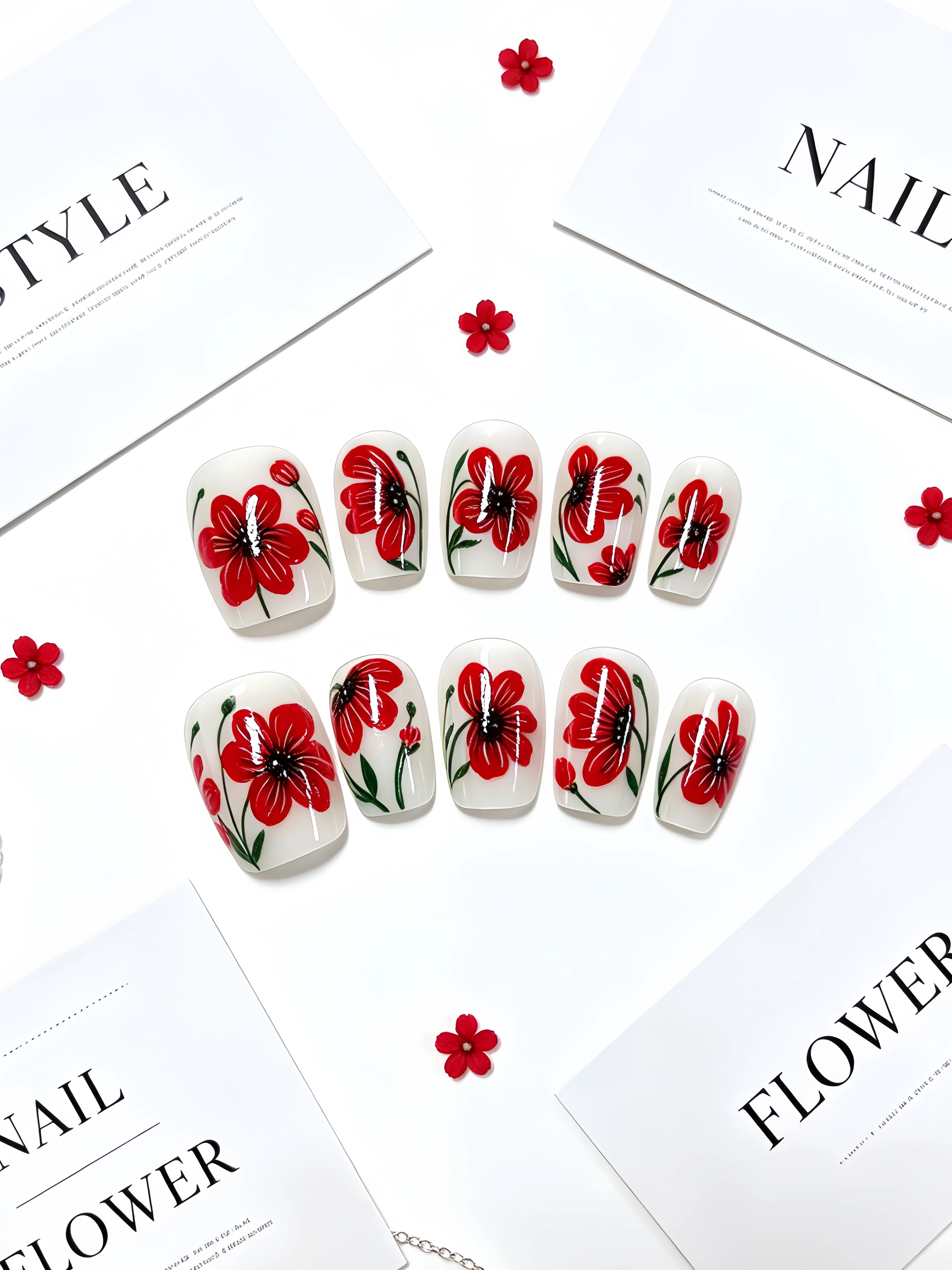 10 Short Square-Round Nails, French-Style Milky White with Hand-Painted Red Floral Pastoral Design, Minimalist Ins-Style Picnic Campus Office Afternoon Tea Vibe Press-On Nails, Fresh and Elegant Style, Artistic Photo Shoot Style