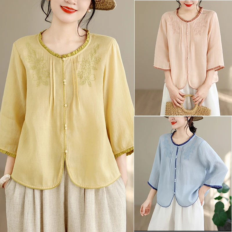 

plus Size Women's Shirt Summer New Style Vintage Embroidery Loose Short Sleeve Top Comfortable Fit Straight Cut Commute Fashion