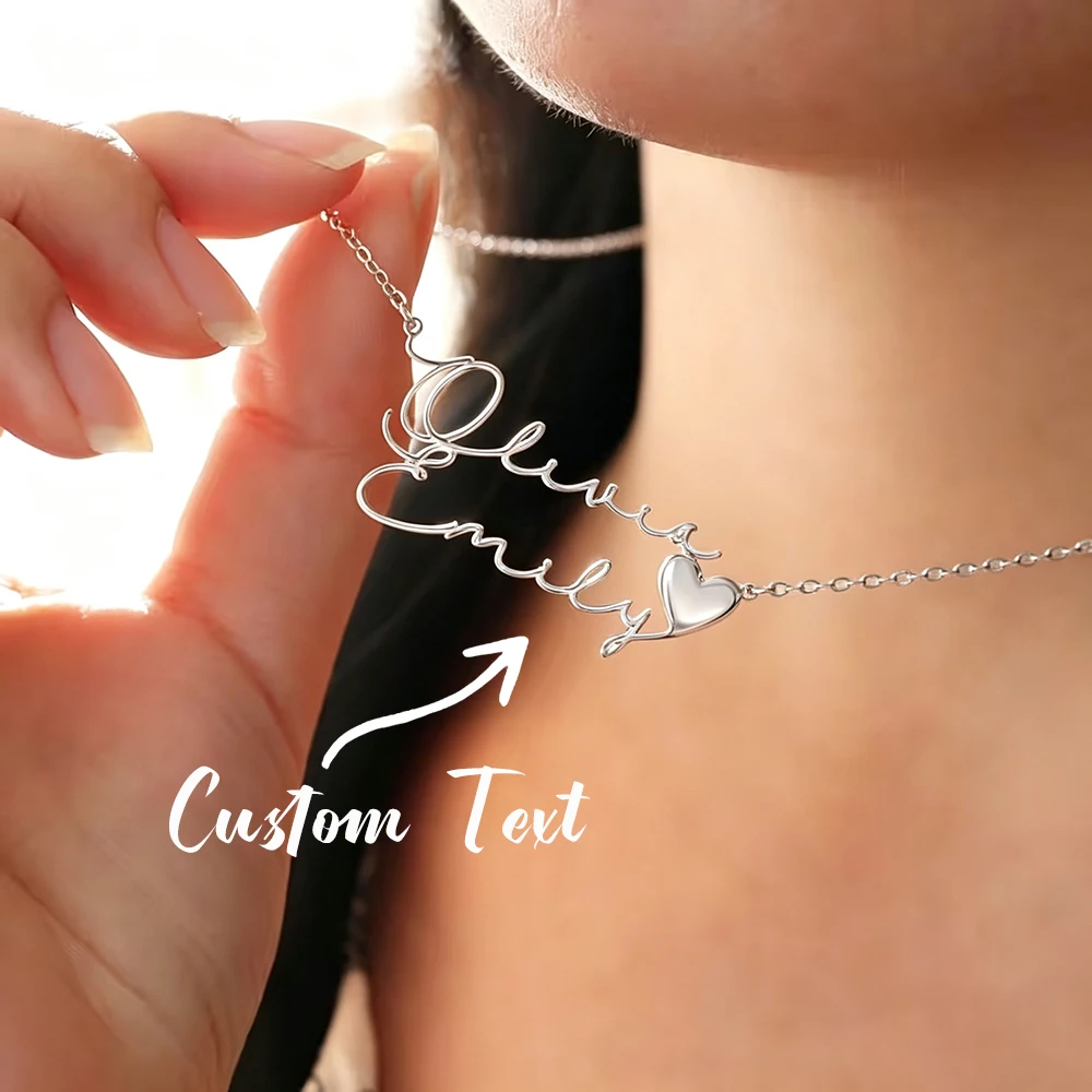 Collier personnalisé avec deux noms, pendentif en forme de cœur avec nom en cursive, bijoux en acier inoxydable, cadeau de couple pour femmes