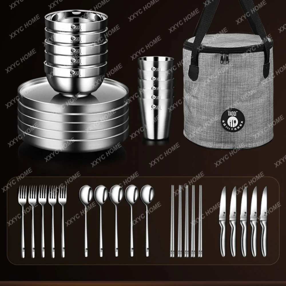 Stainless Steel Outdoor Tableware Portable Tableware Set Travel Camping Picnic Self-Driving Camping