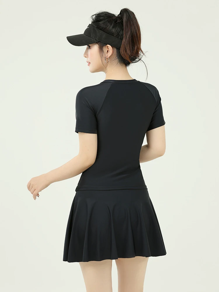 Plus Size Sport Women Split Swim Dress Short Sleeve Zipper Top Skirted Conservative Two Piece Swimsuit For Swimming Beach