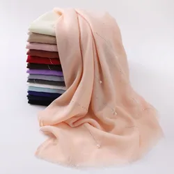 1PC New Plain TR Cotton Linen Hijab Scarf Hot Diamond Beaded Shawl Solid Color Head Wrap Foulard En Mousseline Turbans for Women