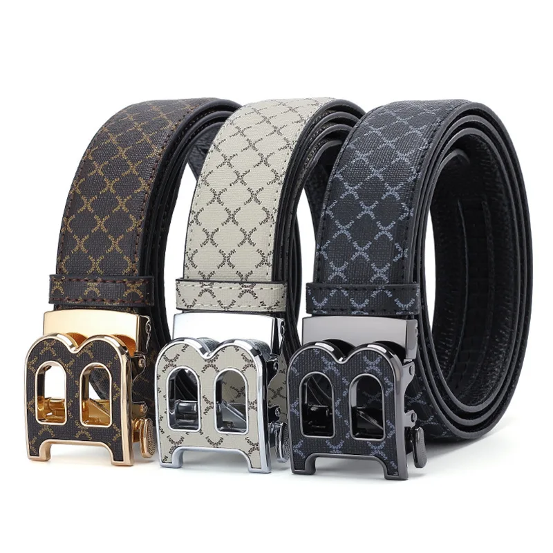 New Men's B Letter Automatic Buckle Belt, Youth Personalized Trendy Checkered Embossed Belt, High End Versatile Belt