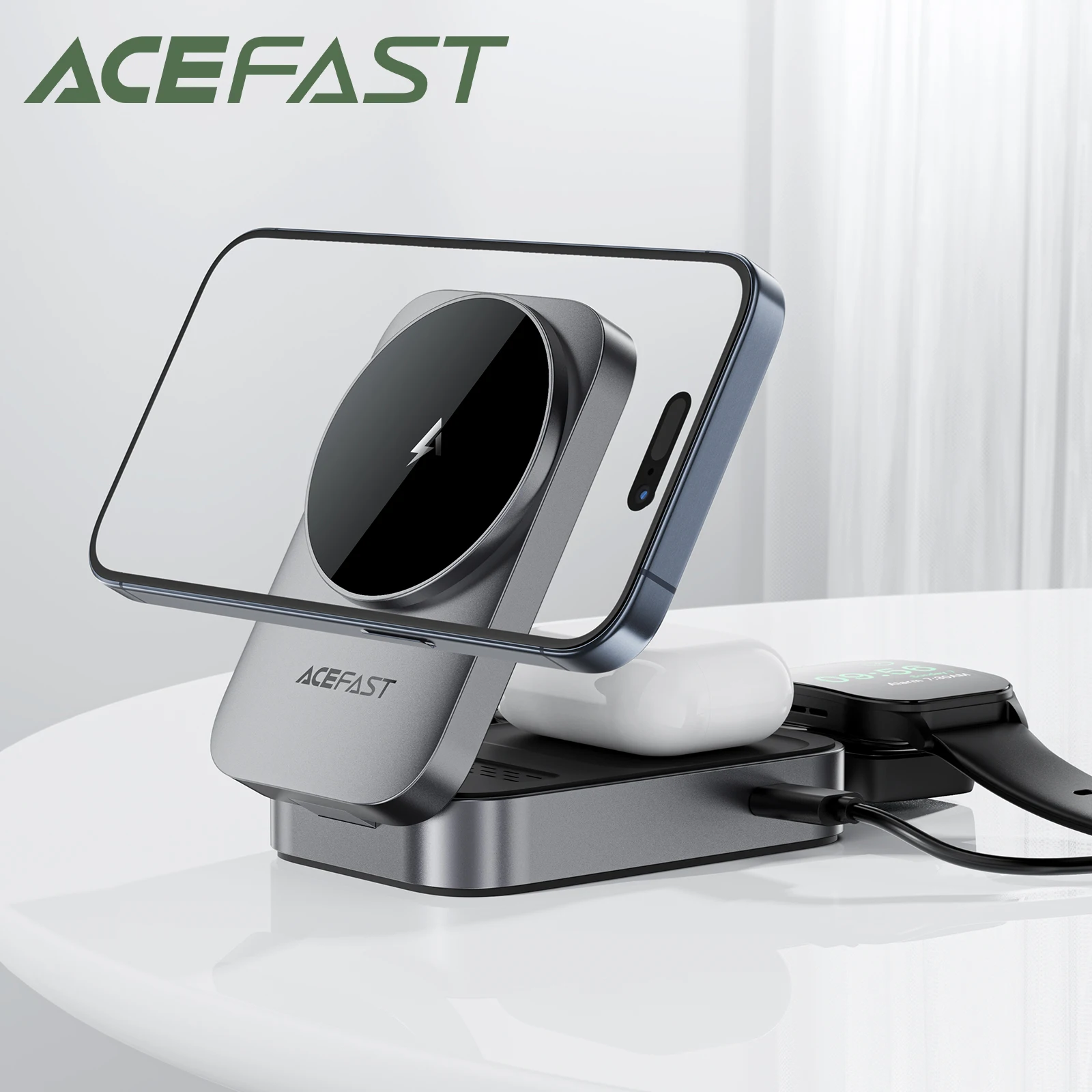 

ACEFAST 3 in 1 Qi 15W Desktop Magnetic Wireless Charging Holder For iPhone 15/16 Pro Max Foldable Charging Station For iWatch Se