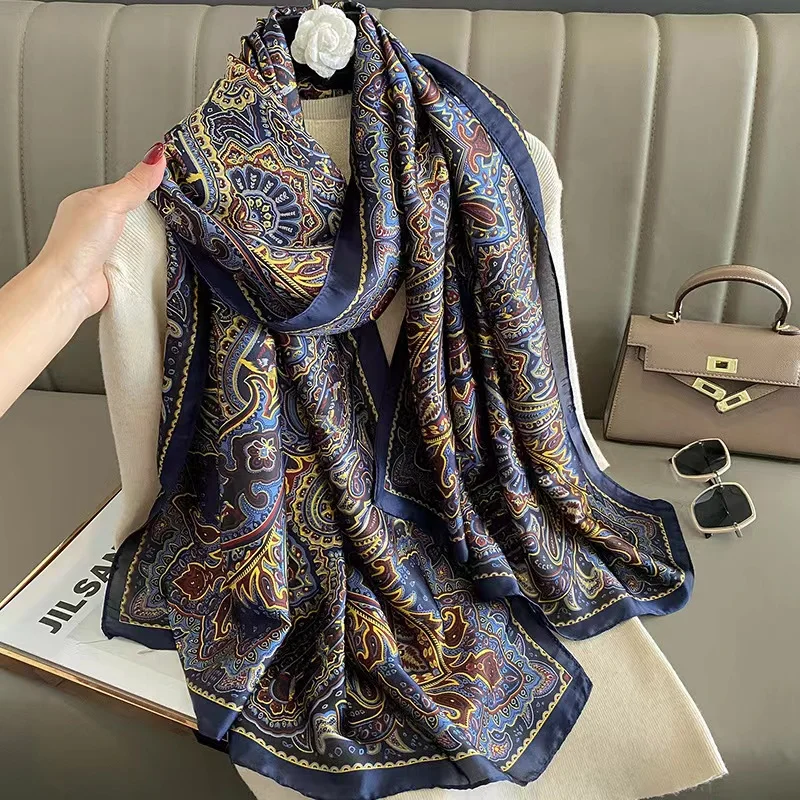 Neue 180*90 cm klassische Silk Schal Frauen Foulard Büro dame Große Mode Druck Strand Hijab schal warp bandana schalldämpfer pareo