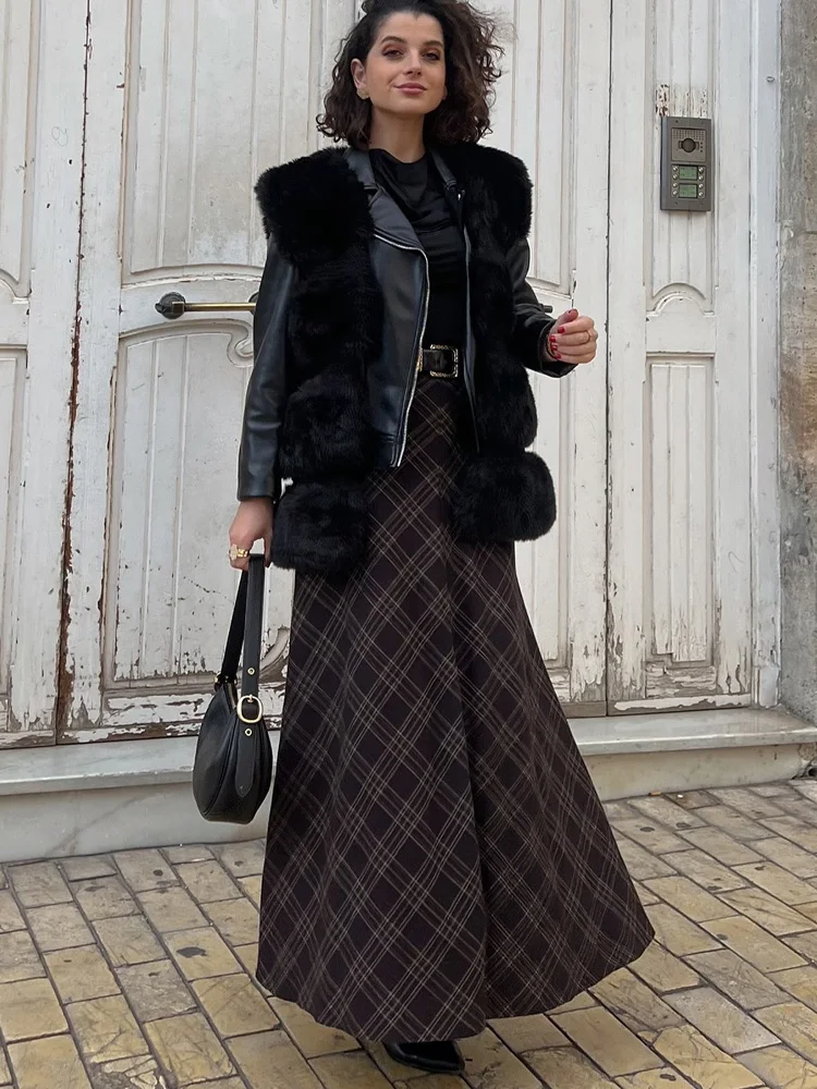 HH TRAF Fashion Woman Casual Vintage Straight Skirt Spring 2025 Women High Waist Plaid Midi Skirt Versatile Pleated Skirt