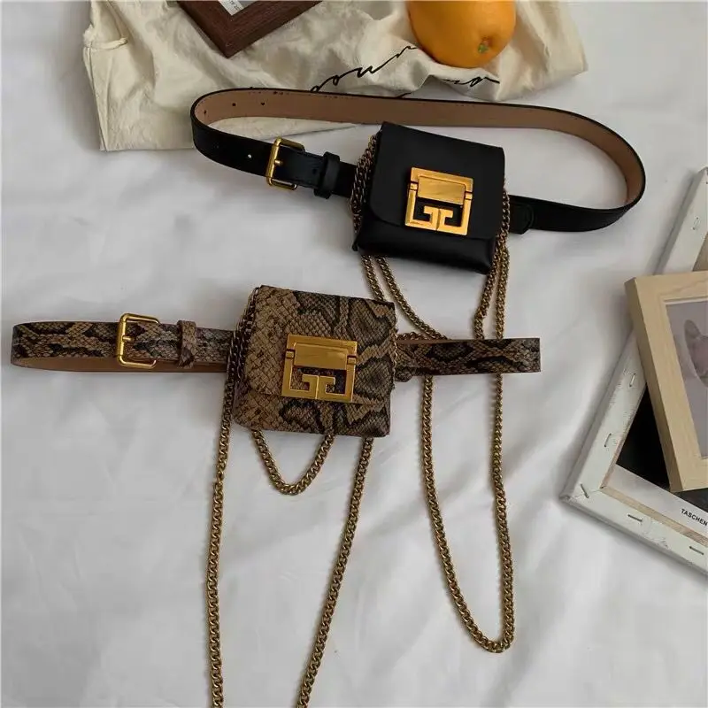 

Retro trendy snakeskin pattern fashionable small fanny pack ins wind chain mini bag belt